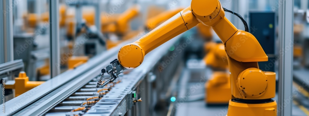 Poster robotic arm performing assembly tasks in a modern automated factory during daylight hours