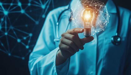 Teamwork In Medicine: Generating Collaboration Ideas Through Collaborative Medical Technology. Physicians Pressing Light Bulb Button In Virtual Interface To Complete Ideas.