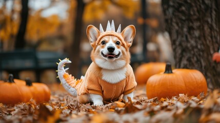 Naklejka premium Corgi in Dinosaur Costume Among Autumn Pumpkins