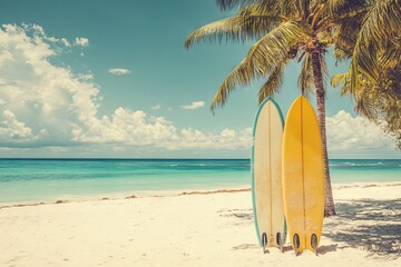 Vintage Surfboards on a Tropical Island Beach, AI generated illustration