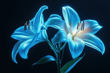 Two blue flowers with green stems, generative ai image