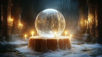 Obraz premium Crystal ball in a dark, candlelit room.