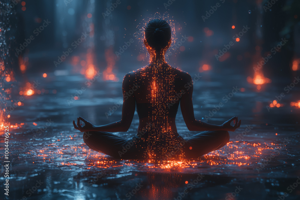 Poster a person meditating with floating holograms of code and data around their head, symbolizing mental f