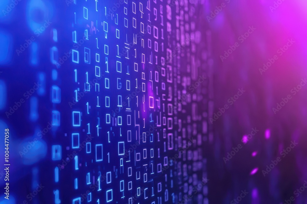Poster digital binary code background with vibrant shades of blue and purple for technology or data themes.
