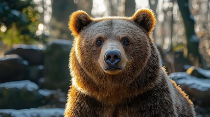 Fototapeta premium A grizzly bear stands peacefully in a forest setting during early morning light, showcasing its natural beauty and wild habitat