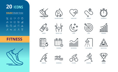 General Fitness Tracking Icons Set | 20 Editable Stroke Icons | Pixel Perfect | Fitness App UI Elements. The icon set for a wide range of use, from fitness app developers to health tracking websites.