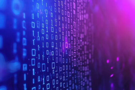 Digital binary code background with vibrant shades of blue and purple for technology or data themes.