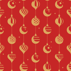 Christmas and New Year ornaments seamless pattern. Golden and red background.