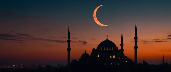 Fototapeta premium Mosque Silhouette with Crescent Moon Ramadan Background