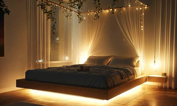 A cozy bedroom with a platform bed, fairy lights, and greenery canopy