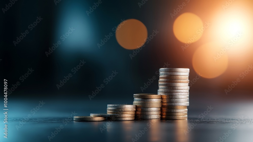 Poster stacks of coins with soft bokeh background