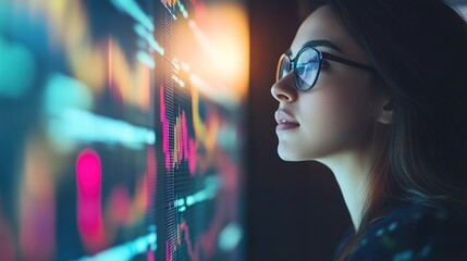 Woman Analyzing Data on Digital Interface