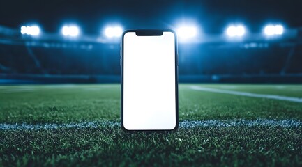 Photo of a smartphone with a white screen mockup standing on a football field under stadium lights. Web banner