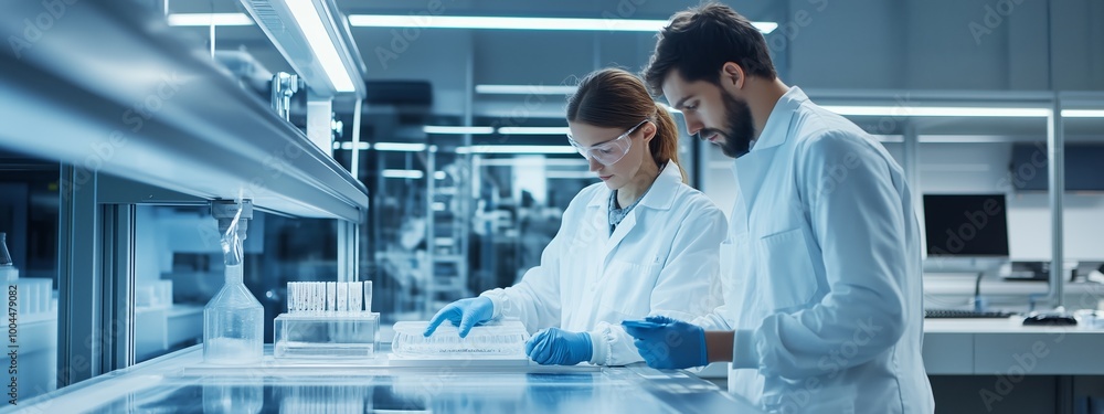 Poster researchers in laboratory coats conducting experiments in a modern lab equipped with advanced techno