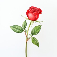 Red rose with green leaves on a white isolated background.