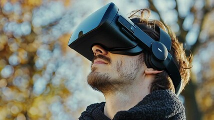 A man wearing a virtual reality headset looks up at the sky, lost in a digital world