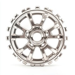 Shiny metallic wheel with intricate design, isolated on white background.