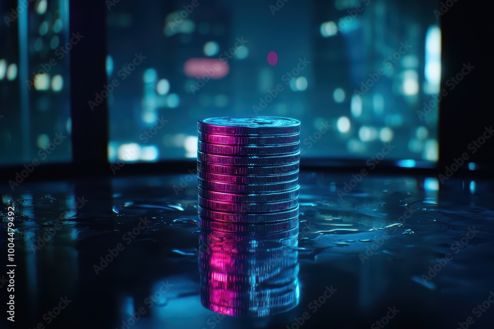 Poster stack of coins illuminated in neon lights, creating a modern financial atmosphere.