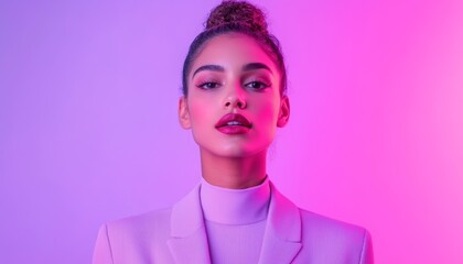 A businesswoman speaking in front of a stylish gradient background, with ample copy space for digital content, product details, or advertisements.