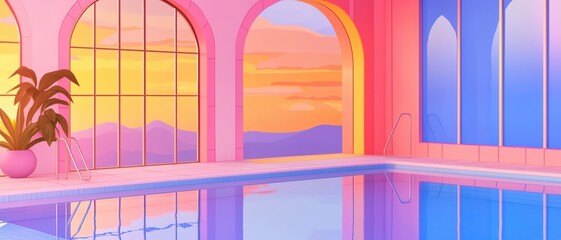 Stylish indoor swimming pool reflecting vibrant sunset colors over serene landscape, perfect for relaxation.