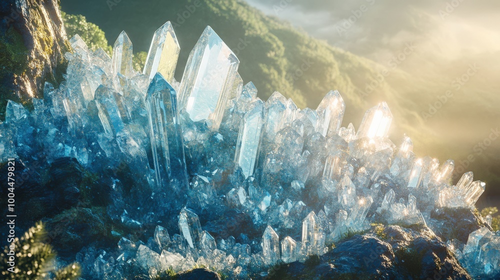 Poster the majestic mountain range showcases towering crystal formations that catch the sunlight, creating 