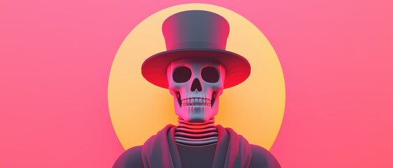 Stylized skeleton character in a top hat against a vibrant pink background.