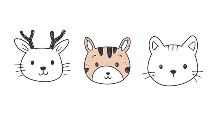 Obraz premium Simple continuous line illustration of cute animal heads, including crocodile, deer, and cat, in a doodle style on white background, perfect for kids.
