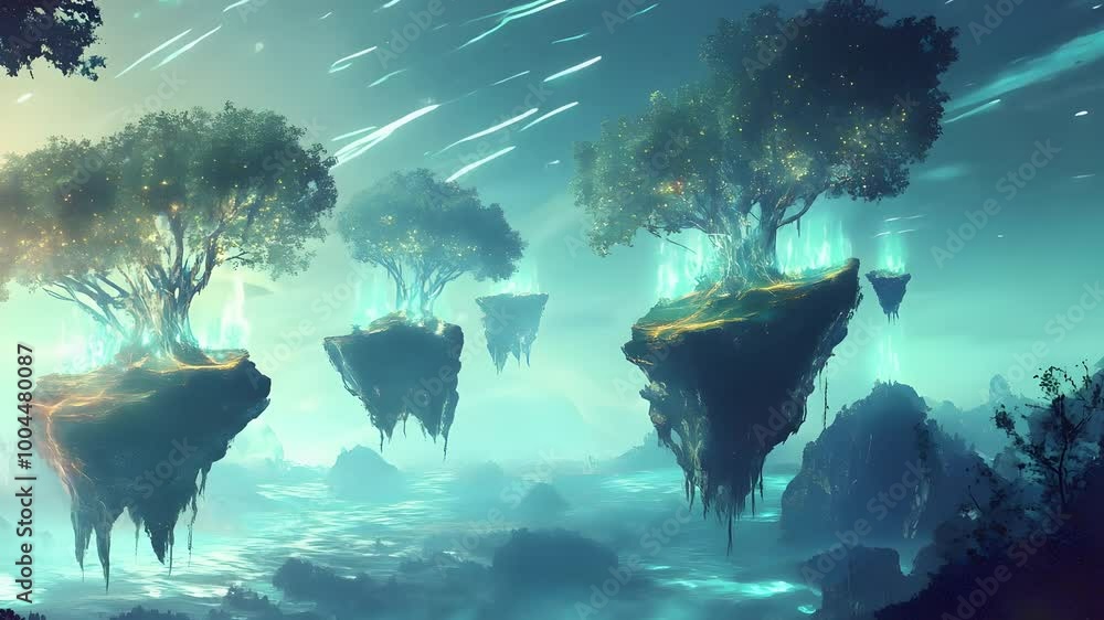 Poster magical floating islands with lush trees hover above a serene ocean, illuminated by glowing lights a