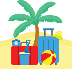 An Illustration of Travelling Which Has Images of Luggages, Coconut Tree, Sand Bucket, Camera, Etc.