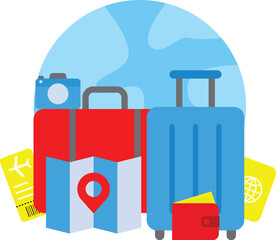 An Illustration of Travelling Which Has Images of Luggages, Map, Location Pin, Camera, Etc.