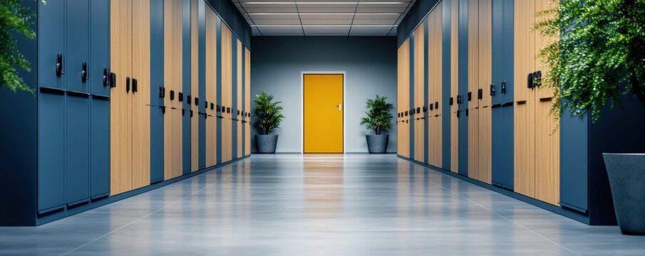 Modern Locker Room with Bright Yellow Door