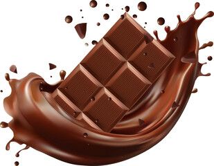 Dark chocolate bar with chocolate cream splashing, 3d iReady to use for your design, presentation, promo, ad. Mesh gradient wes used