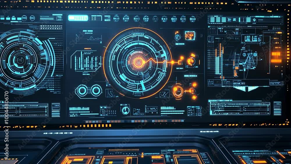 Aufkleber a futuristic control panel displays a variety of data and information, including a large circular di