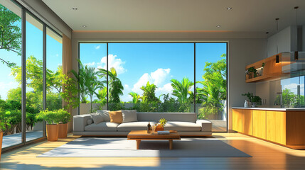 Fototapeta premium Modern living room with a view of lush greenery and a wooden kitchen.