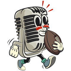 vintage microphone cartoon character mascot retro vector design playing rugby and american football, work of hand drawn