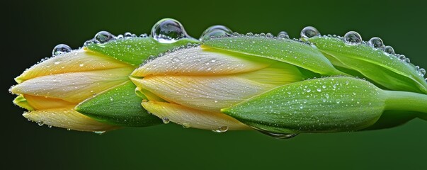 A flower bathed in dew is magnified through the lens in a macro shot, with droplets capturing and reflecting the soft morning light.