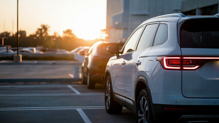 A modern white SUV parked in a parking lot during sunset. The vehicle's tail lights glow brightly, contrasting with the setting sun in the background. 
