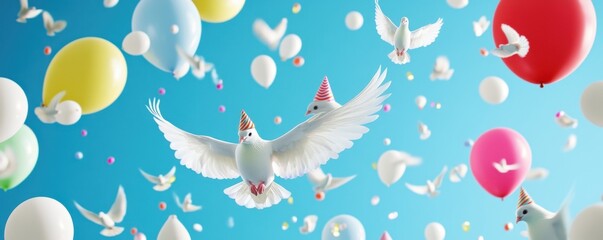Celebration with Doves in Tiny Birthday Hats