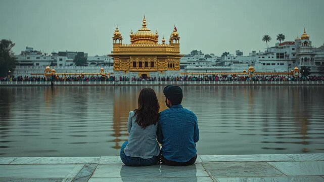 A couple sits by the water in front of the Golden Temple in Amritsar, India