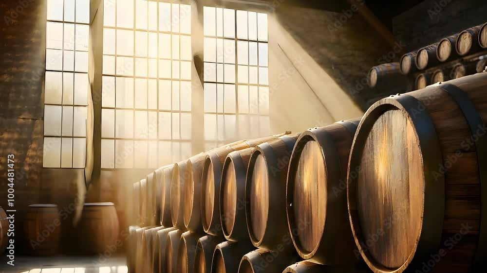 Poster sunlight filters through large windows illuminating wooden barrels in a rustic warehouse creating a 