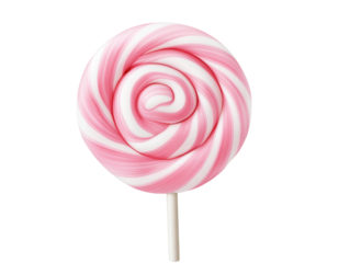Sweet pink and white swirl lollipop on stick, isolated white background, transparent background.