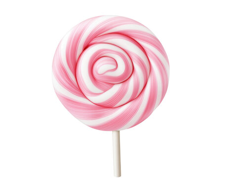 Sweet pink and white swirl lollipop on stick, isolated white background, transparent background.