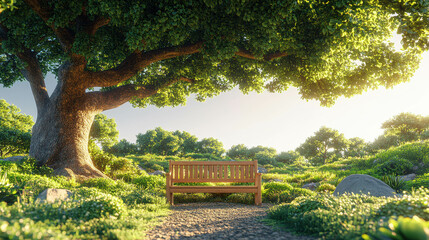 A wooden bench sits in front of a house with a large tree in the background. The scene is peaceful and serene, with the bench providing a place to sit and enjoy the natural surroundings
