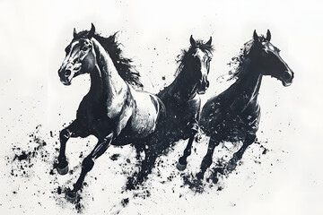 Black horses traditional Chinese ink painting on white background. © john