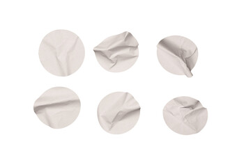 Round white stickers, blank tags labels isolated on a white background.