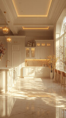 Sunlight streams through a window in a modern, white kitchen.