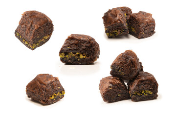 Turkish chocolate baklava isolated on white background.