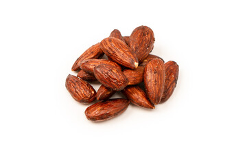 A group of caramelized almonds isolated on a white background.