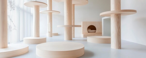 A minimalist room with custom-built wooden cat furniture, featuring tree-like posts and circular hideaways, creating a harmonious space for pets and owners alike.