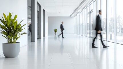 Fototapeta premium A modern coworking space with blurred figures walking through, symbolizing the intersection of communication, problem-solving, and forward-thinking action.